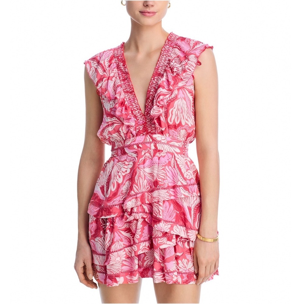 Poupette St. Barth Carol Mini Dress Pink Tiger Lily Floral Ruffle V-Neck Small